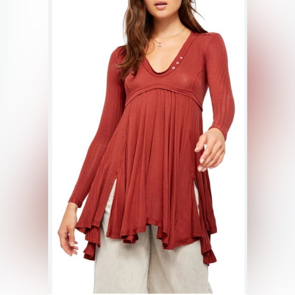 Free People Rust Red Long Sleeve Babydoll Tunic - Picture 2 of 11